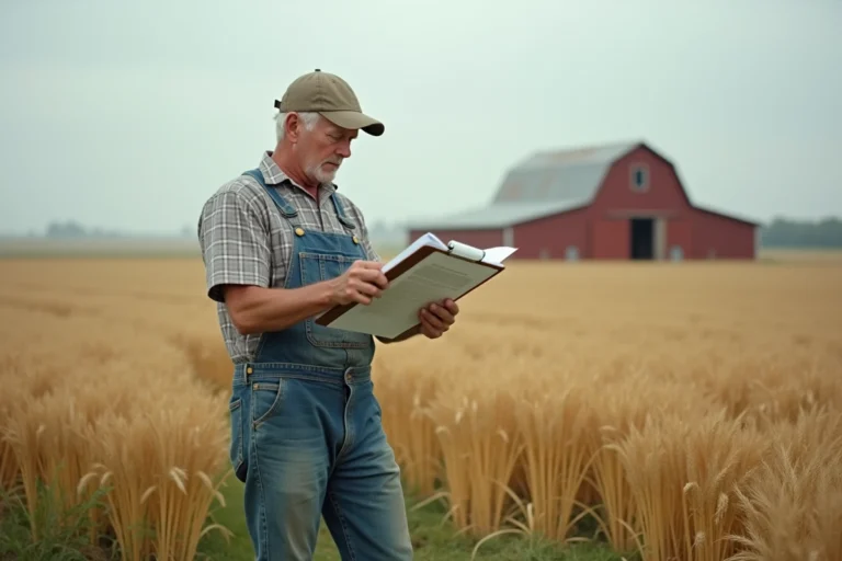 Agriculteur examinant des documents d'assurance au bord d'un champ de blé, illustrant la protection multirisque d'un terrain agricole