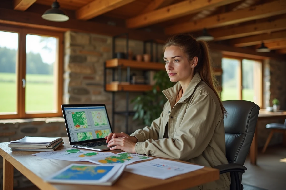 Jeune agronome analysant des cartes météo à son bureau intérieur