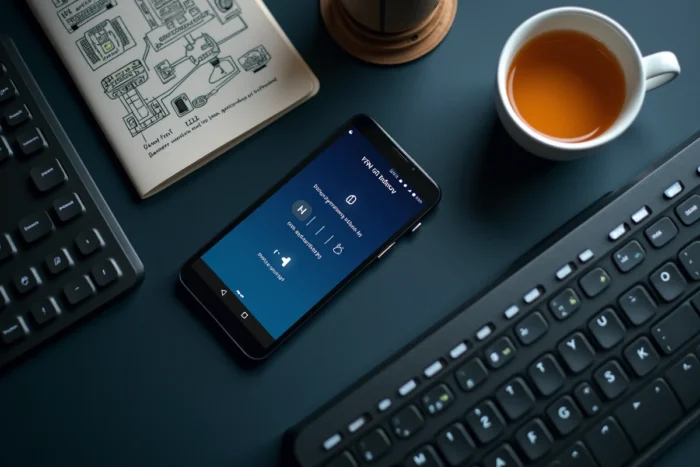 Vue aérienne d'un bureau avec smartphone affichant une application proxy et outils réseau