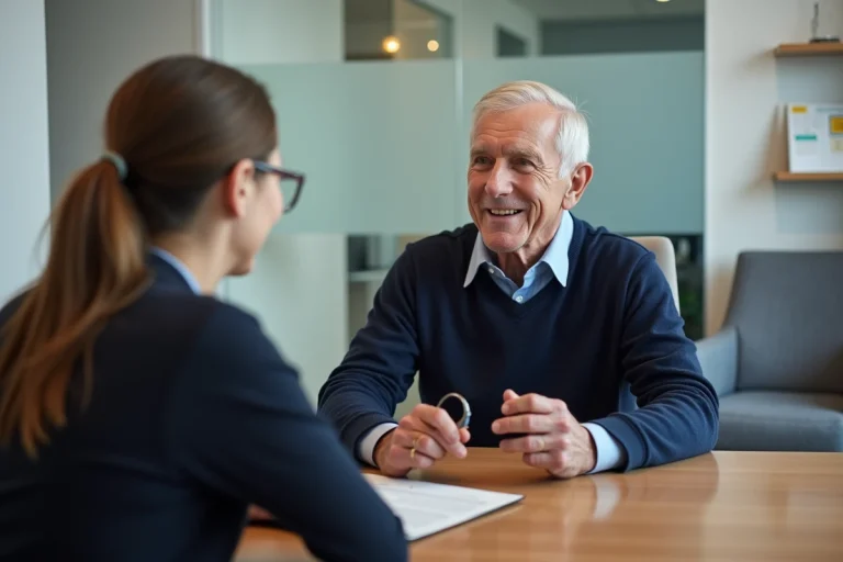 Homme âgé souriant avec appareil auditif dans un cabinet moderne