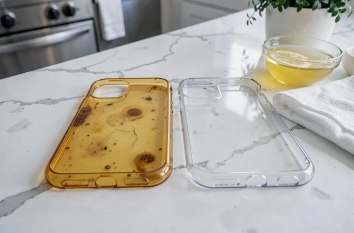 Comparaison avant-après d'une coque de téléphone en plastique transparent jauni nettoyée au citron