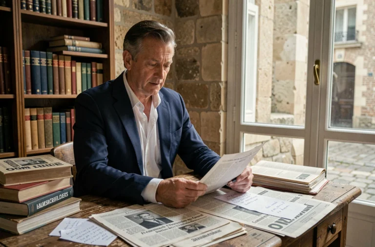 Journaliste politique français analysant des documents dans un bureau parisien classique, entouré de livres d'histoire et de presse française