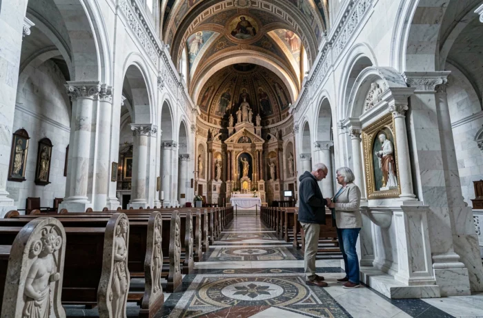 Intérieur de la cathédrale Saint-Nicolas de Monaco, couple visitant le patrimoine religieux et culturel de la Principauté