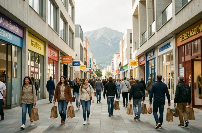 Vue panoramique du centre commercial de Dancharia avec des promeneurs et des boutiques franco-espagnoles en plein air