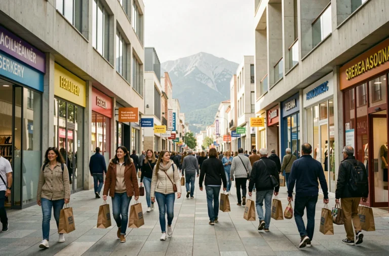 Vue panoramique du centre commercial de Dancharia avec des promeneurs et des boutiques franco-espagnoles en plein air