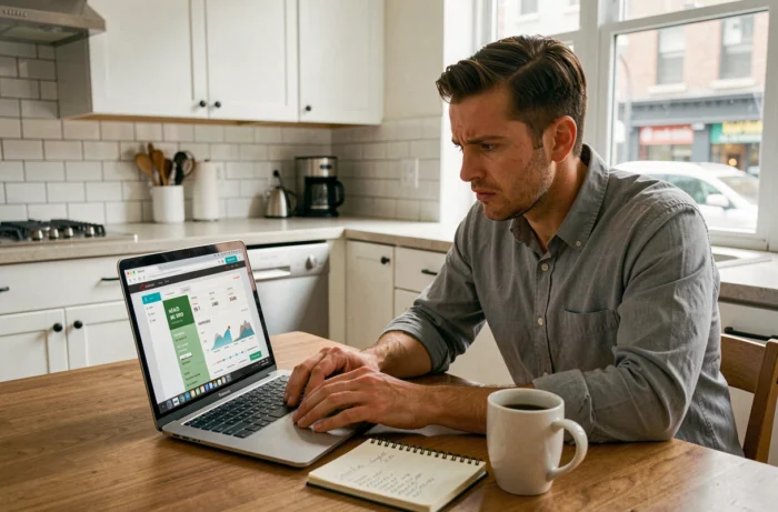 Homme comparant les taux de crédit immobilier en ligne depuis son appartement en 2024