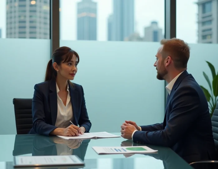 Femme discutant de stratégies d'investissement avec un conseiller financier dans un bureau professionnel moderne