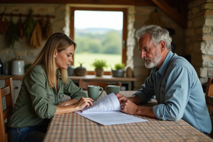 Conseillère en assurance et agriculteur discutant d'un contrat multirisque agricole dans une cuisine de ferme rustique
