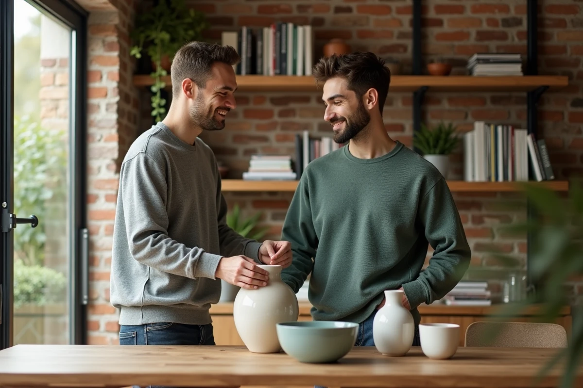 Jeune couple posant une vase en céramique dans une salle à manger lumineuse
