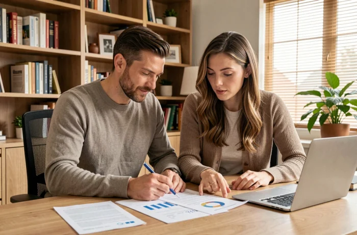 Couple en train d'examiner des documents de crédit immobilier à leur bureau à domicile en 2024