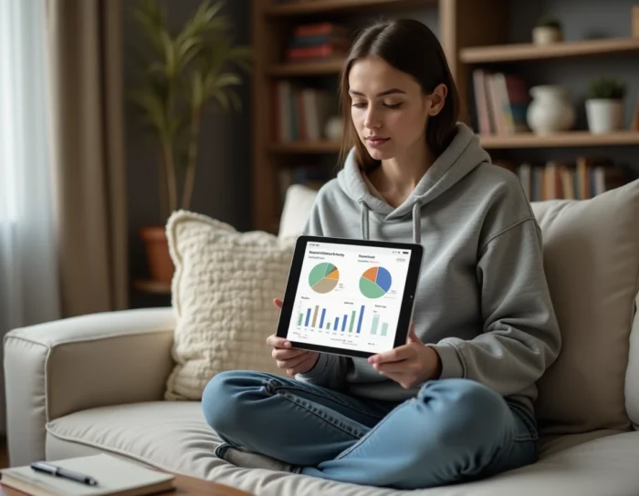 Jeune femme débutante en investissement consultant une application de gestion de portefeuille sur tablette depuis son salon
