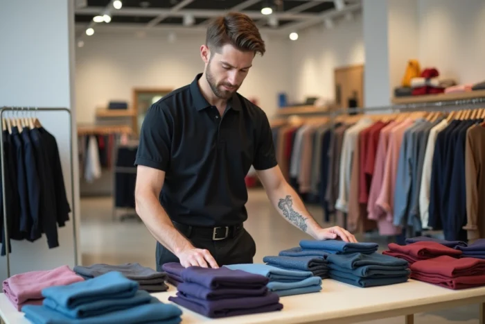 Employé de magasin de mode rapide arrangeant des vêtements dans un commerce de type Bershka, symbolisant les enjeux économiques du débat