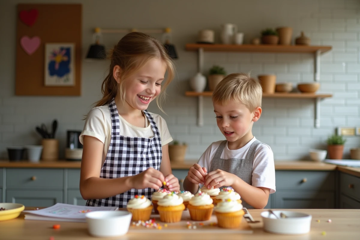 Enfants décorant des cupcakes dans la cuisine chaleureuse