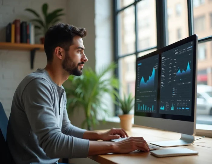 Entrepreneur travaillant sur une plateforme business innovante depuis son bureau à domicile avec double écran