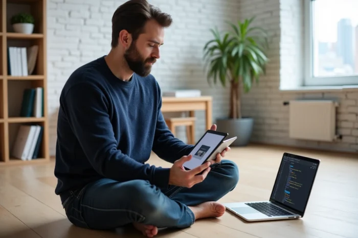 Entrepreneur travaillant sur une refonte de site web avec une tablette et un ordinateur portable dans un bureau minimaliste à domicile