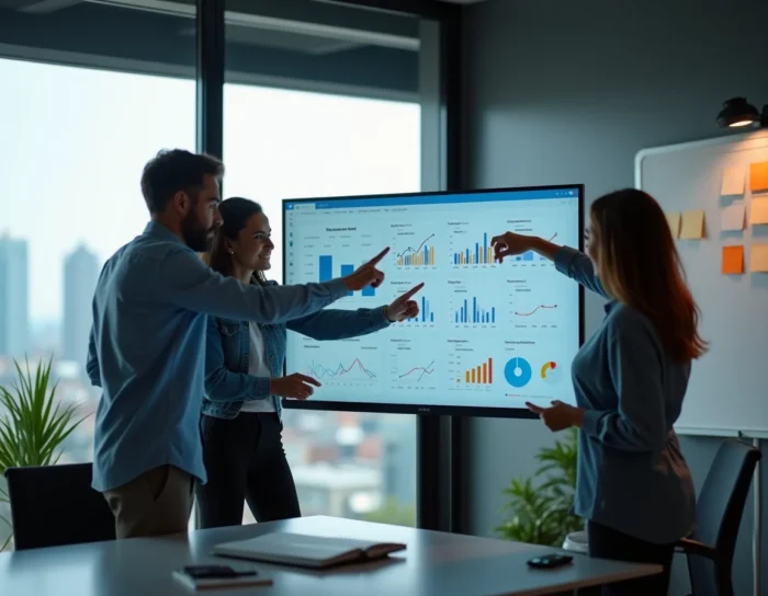 Équipe de professionnels analysant des données sur une plateforme numérique innovante lors d'une réunion en open space
