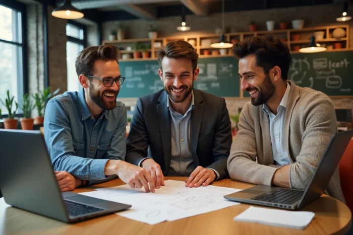 Équipe diverse collaborant sur une stratégie de présence digitale dans un espace de coworking moderne