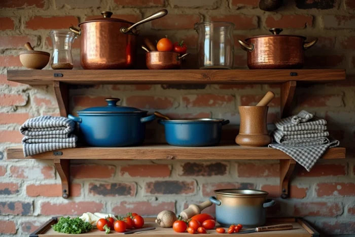 Étagère de cuisine rustique avec cocotte en fonte, casseroles en cuivre et accessoires culinaires sur mur en brique