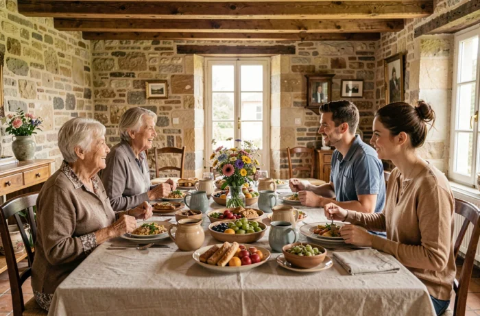 Famille multigénérationnelle réunie autour d'un repas du dimanche dans une salle à manger traditionnelle, illustrant le lien social et familial intergénérationnel