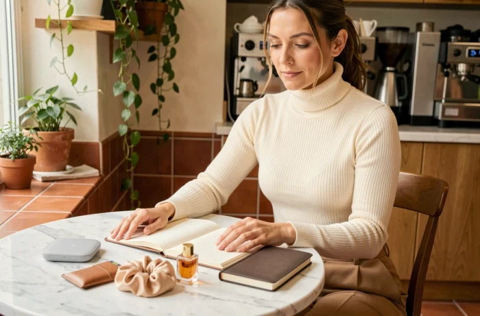 Femme active au café avec accessoires essentiels posés sur table en marbre, organisation du quotidien féminin