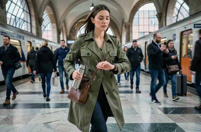 Femme pressée en gare avec thermos et montre connectée, accessoires pratiques du quotidien pour femme active