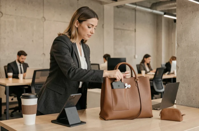 Femme active professionnelle organisant son sac en cuir structuré avec accessoires essentiels sur un bureau moderne