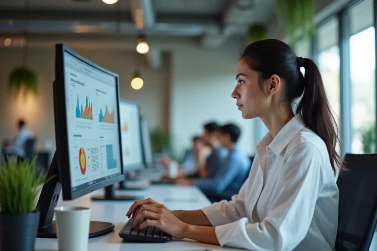 Femme professionnelle analysant des statistiques de présence en ligne sur un grand écran dans un bureau moderne