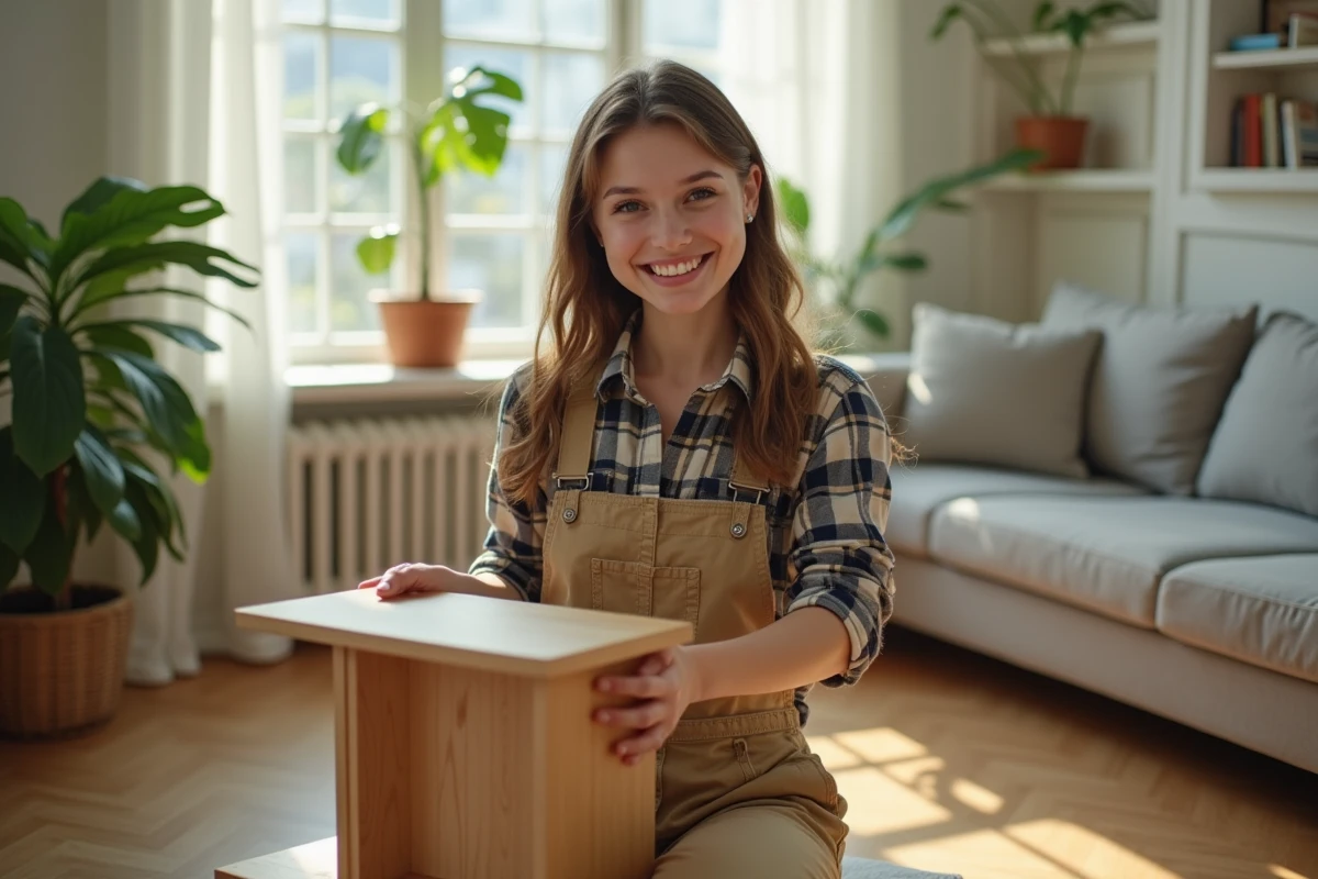 Jeune femme souriante assemblant une petite étagère dans le salon