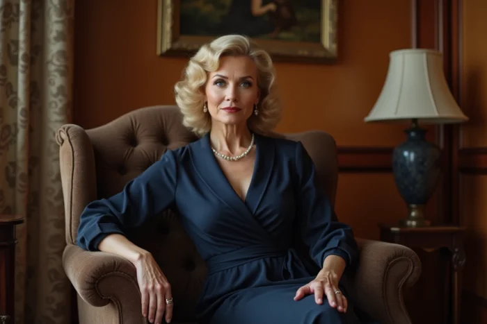 Femme élégante aux cheveux blonds bouclés en robe bleu marine assise dans un fauteuil en velours dans un salon vintage chic, illustrant l'allure d'une star de la télévision américaine