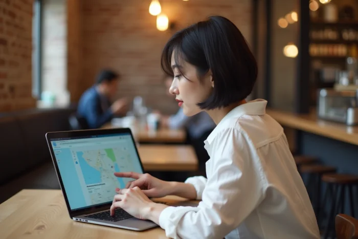 Femme dans un café utilisant un ordinateur portable pour résoudre un problème de chargement de carte en ligne