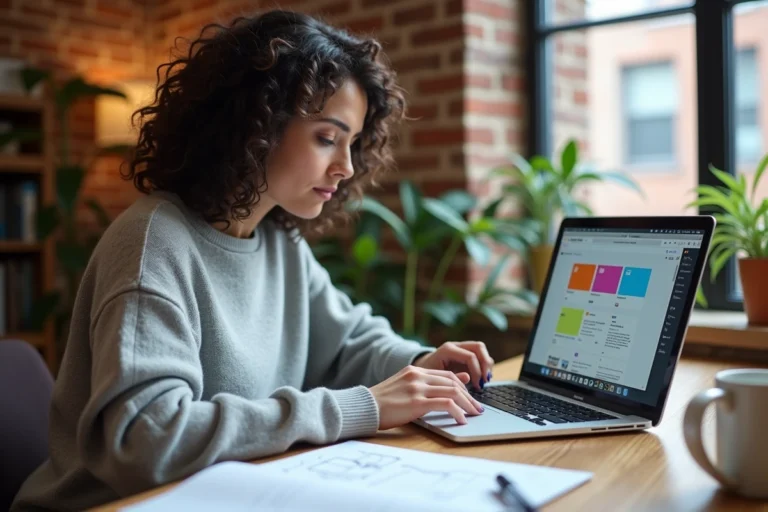 Femme créative travaillant sur son ordinateur portable avec des ressources web de productivité et des notes manuscrites dans un bureau moderne