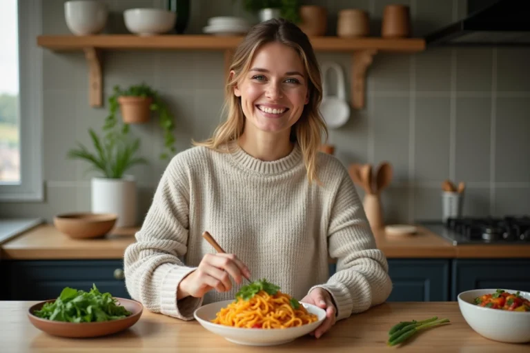 Femme souriante en cuisine garnissant des pâtes maison