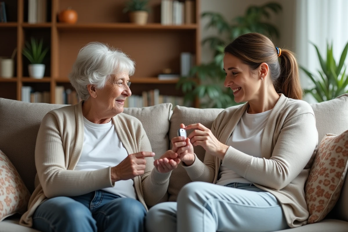 Femme montrant un appareil auditif à sa mère dans un salon chaleureux
