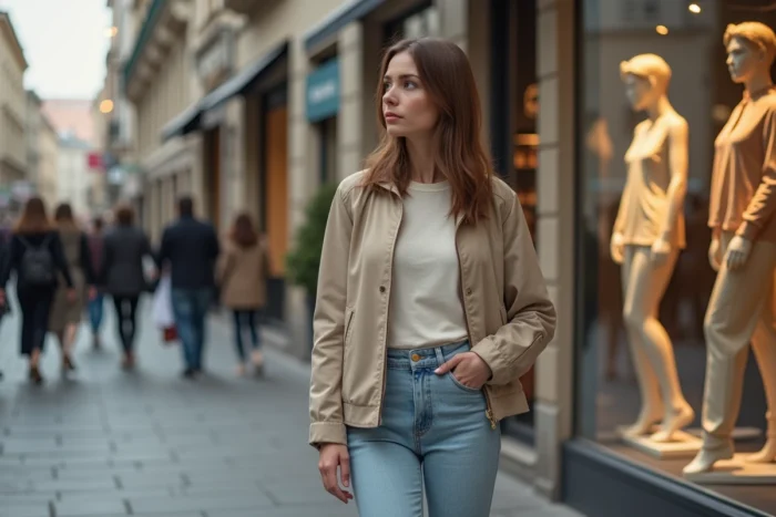 Jeune femme devant une boutique de mode en centre-ville, hésitant à entrer, illustrant le débat sur le boycott de Bershka