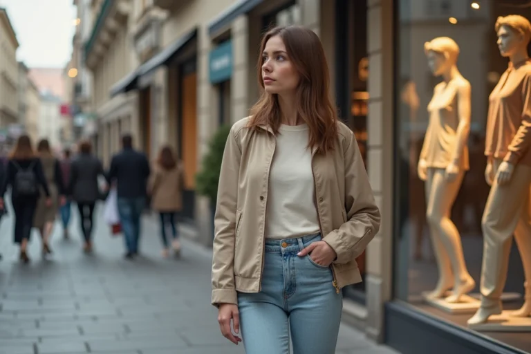 Jeune femme devant une boutique de mode en centre-ville, hésitant à entrer, illustrant le débat sur le boycott de Bershka