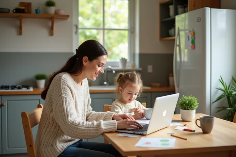 Femme souriante avec sa fille dans une cuisine lumineuse