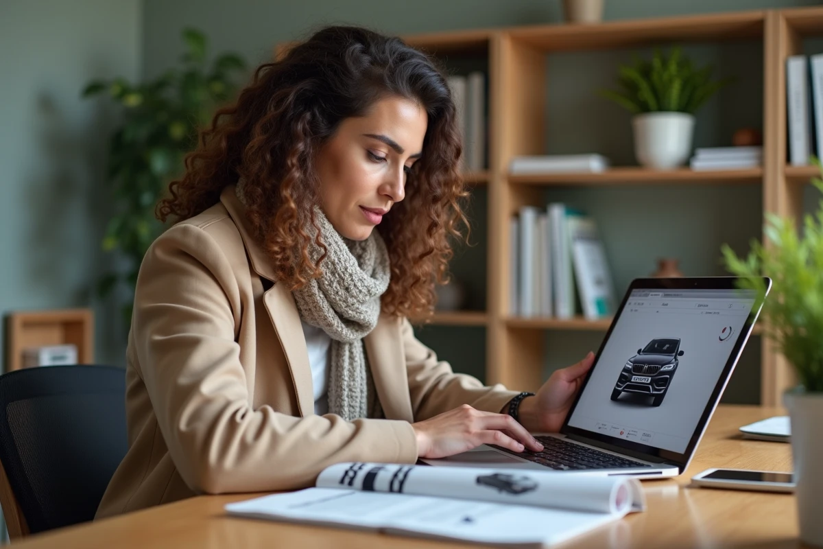 Femme regardant un document de voiture sur son ordinateur