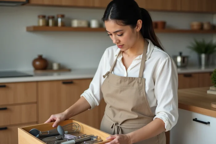Femme organisant des ustensiles de cuisine dans un tiroir d'une cuisine de style scandinave