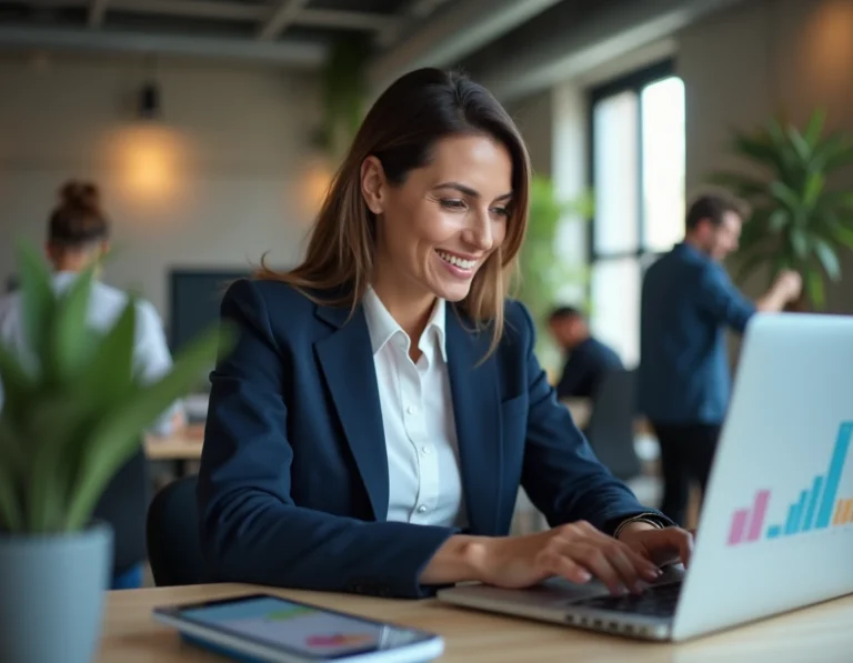 Femme professionnelle utilisant une plateforme business innovante sur ordinateur portable dans un espace de coworking moderne
