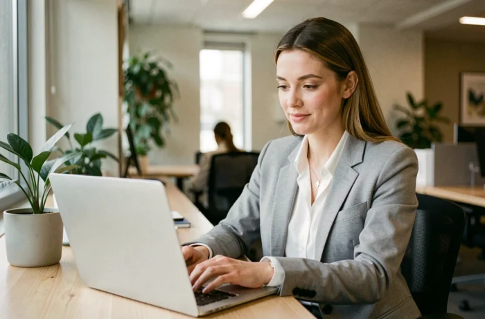 Femme consultant des offres d'intérim sur un ordinateur portable dans un bureau moderne