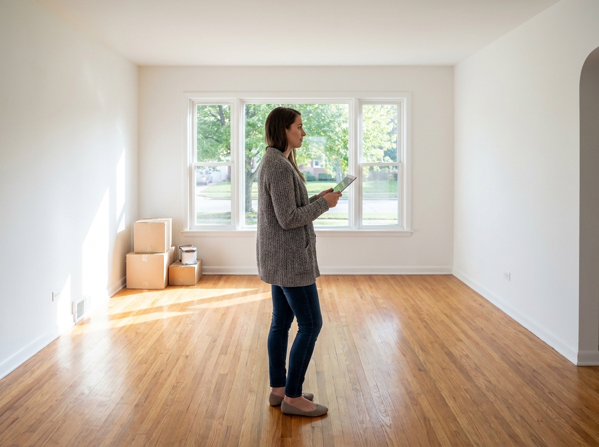 Jeune femme dans un appartement rénové avec tablette
