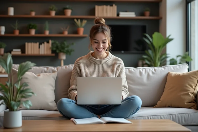 Femme souriante sur un canapé avec ordinateur portable