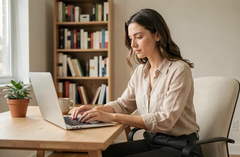 Femme en télétravail concentrée devant son ordinateur portable dans un bureau à domicile bien organisé