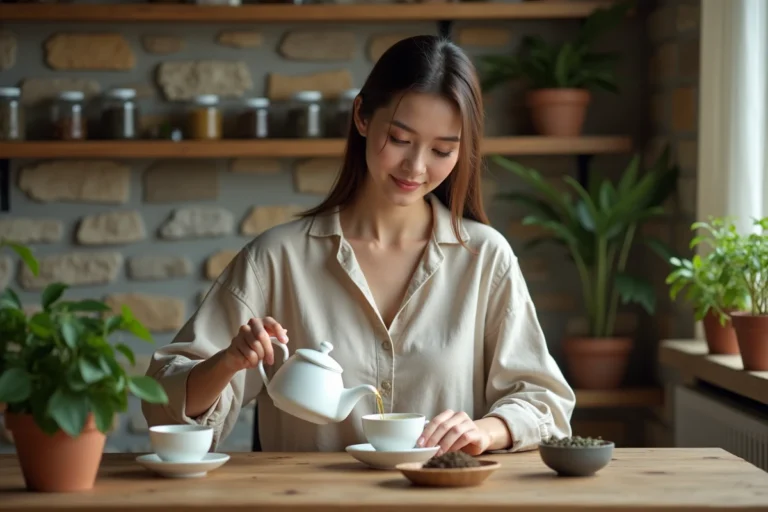 Femme versant du thé dans une tasse en porcelaine dans un cadre naturel