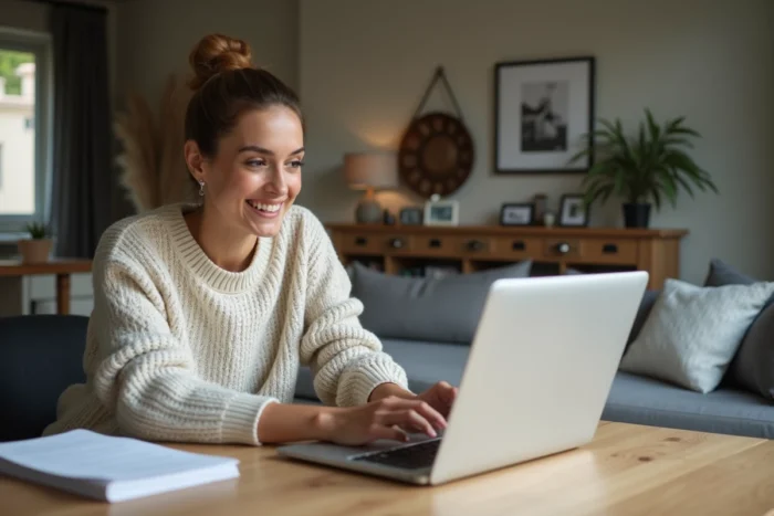 Jeune femme concentrée travaillant sur son ordinateur à la maison