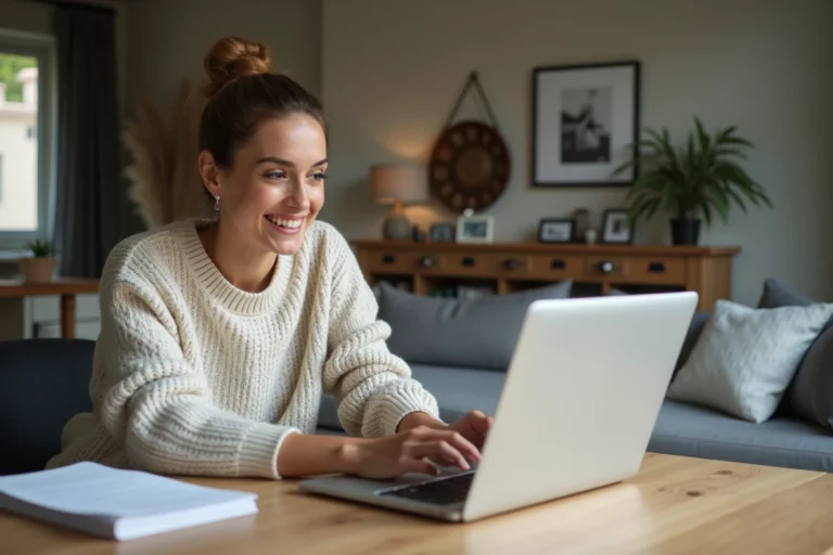 Jeune femme concentrée travaillant sur son ordinateur à la maison