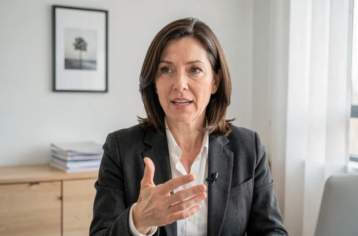 Femme en visioconférence depuis son espace de télétravail à domicile avec une tenue professionnelle