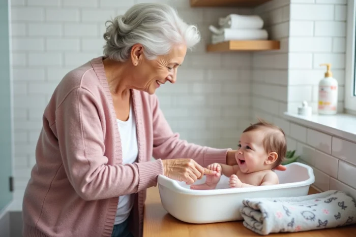 Grand-mère donnant le bain à son petit-enfant dans une salle de bain propre et bienveillante