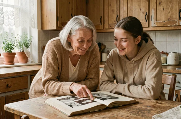 Grand-mère et petite-fille partageant des souvenirs autour d'un album photo dans une cuisine chaleureuse, illustrant le lien intergénérationnel