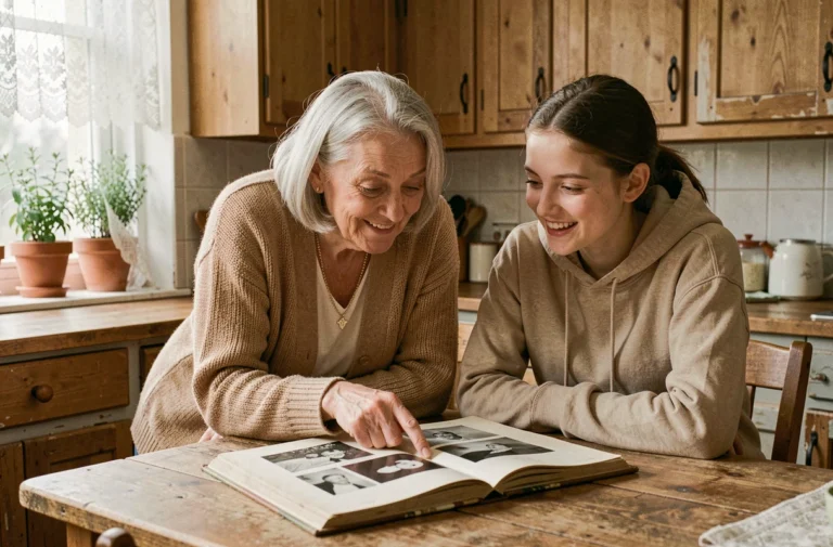 Grand-mère et petite-fille partageant des souvenirs autour d'un album photo dans une cuisine chaleureuse, illustrant le lien intergénérationnel